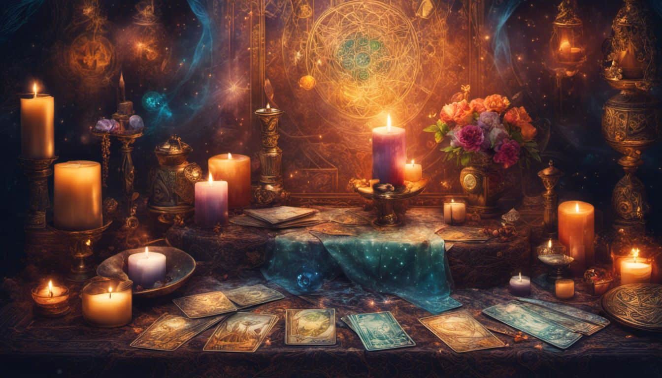 A mystical arrangement of tarot cards, symbols, crystals, and candles.