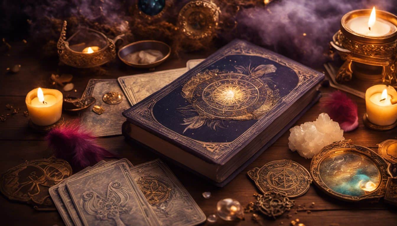 An open tarot deck surrounded by mystical objects and symbols.