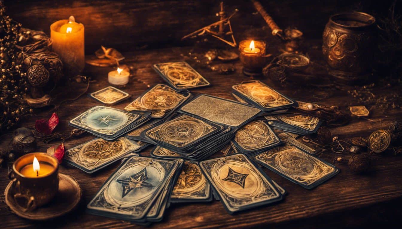 A deck of tarot cards arranged on a vintage wooden table.