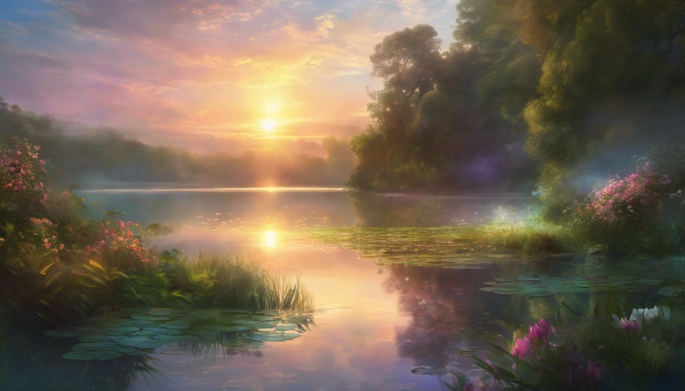 A tranquil sunrise over a serene lake with lush surroundings.