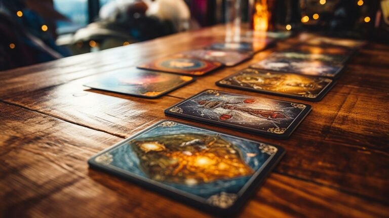 A close-up of an illustrated tarot deck on an antique table.