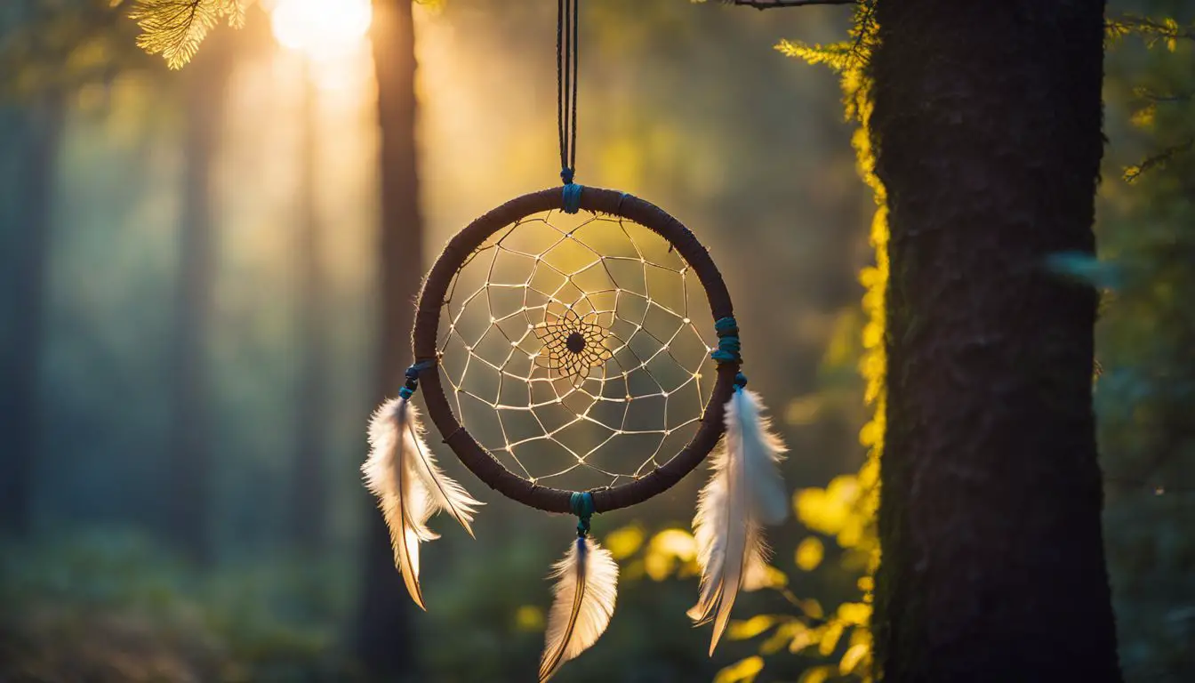 A mystical forest scene with a glowing dreamcatcher hanging from a tree.