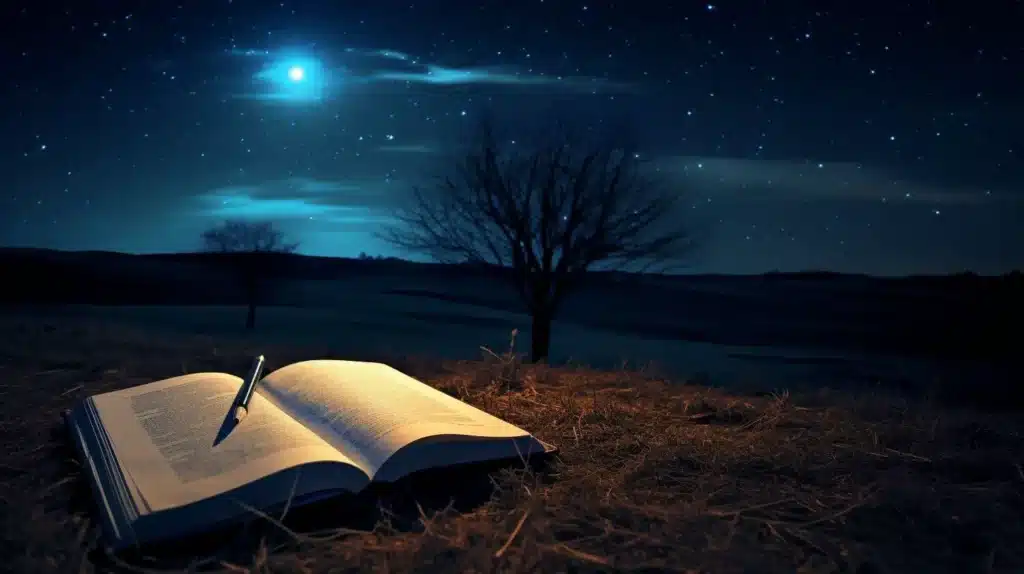 An image of an open dream journal on a meadow under the moon