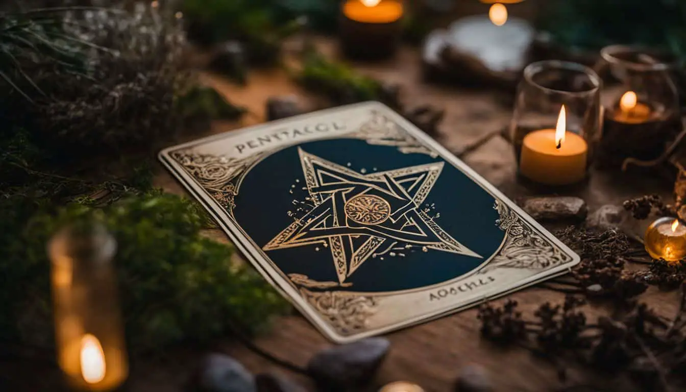 A close-up photo of a pentacle tarot card surrounded by nature elements.